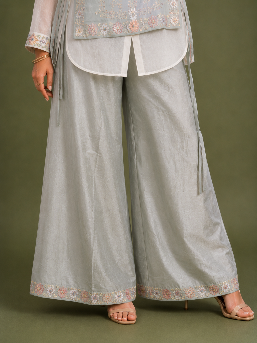 Ice Blue Chinon Silk 3 Piece Cord Set with Embroidered Jacket