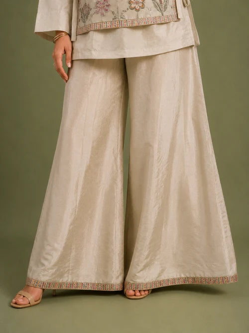 Ivory Chinon Silk Cord Set With Floral Embroidery
