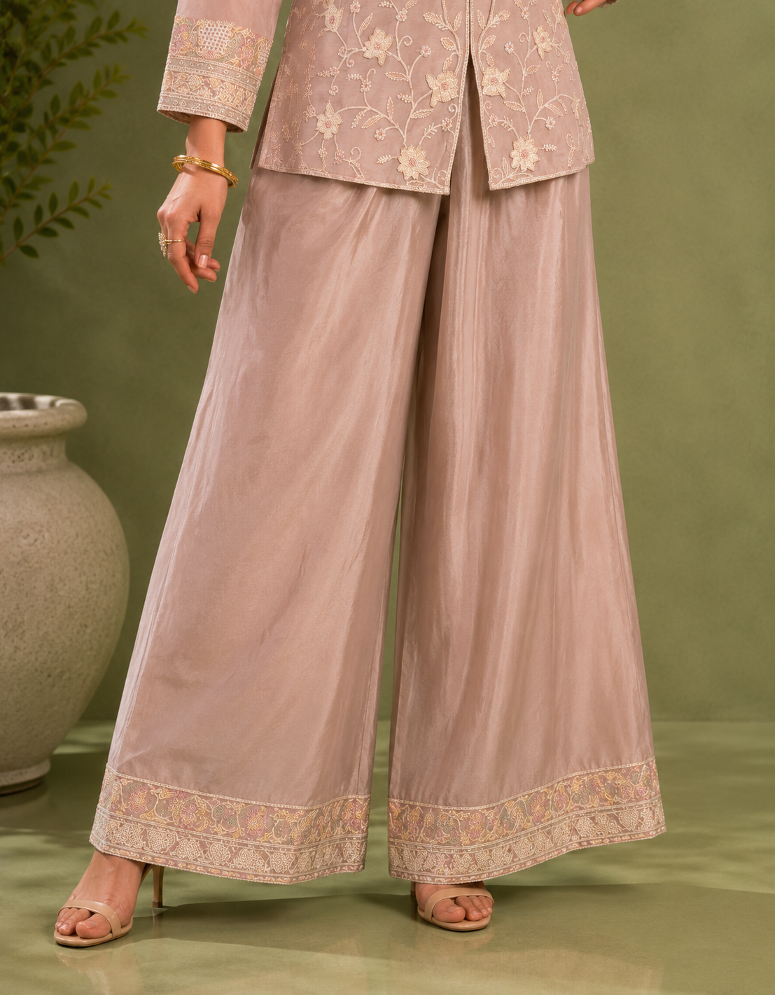 Dusty Pink Chinon Silk Cord Set with Floral Embroidery