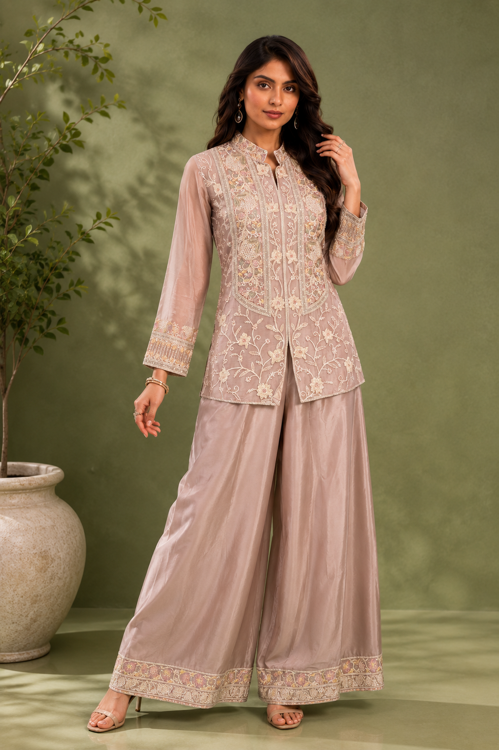 Dusty Pink Chinon Silk Cord Set with Floral Embroidery