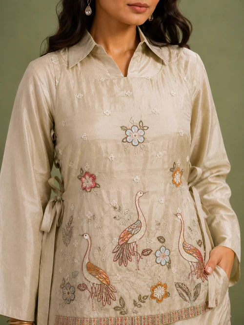 Ivory Chinon Silk Cord Set With Floral Embroidery