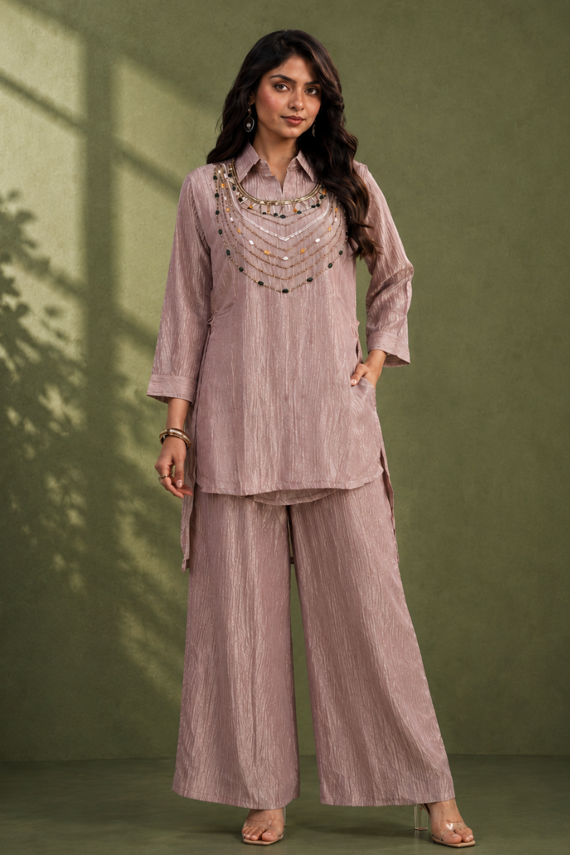 Dusty Pink Chinon Silk 3 Piece Cord Set with Bead & Sequin Work