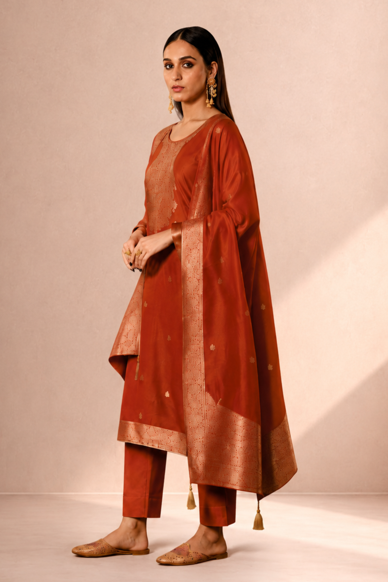 Rust Orange Premium Viscose Woven Silk Jacquard Suit Set with Hand Work Design