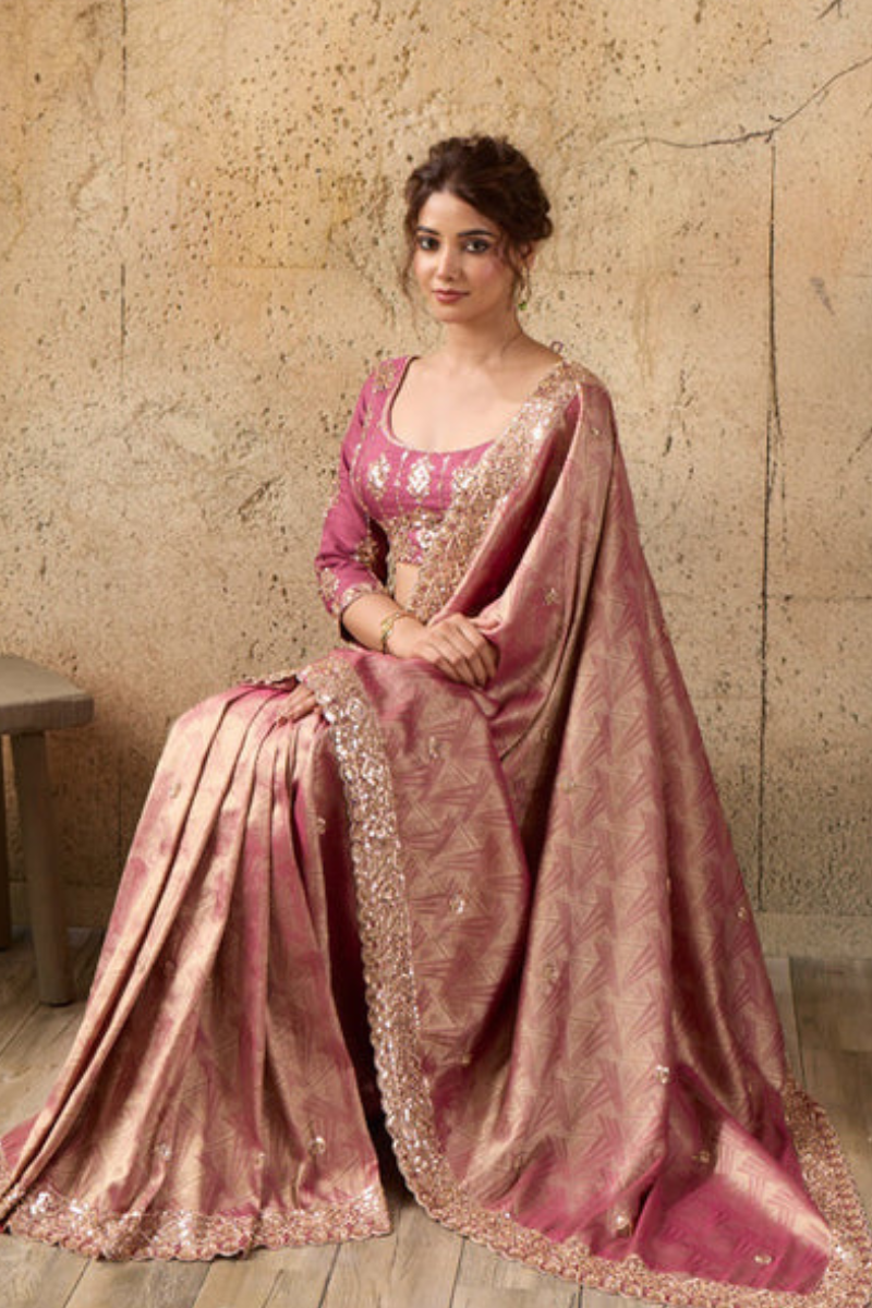 Pink Organza Silk Saree with Zari Hand Embroidery with Stitched Blouse