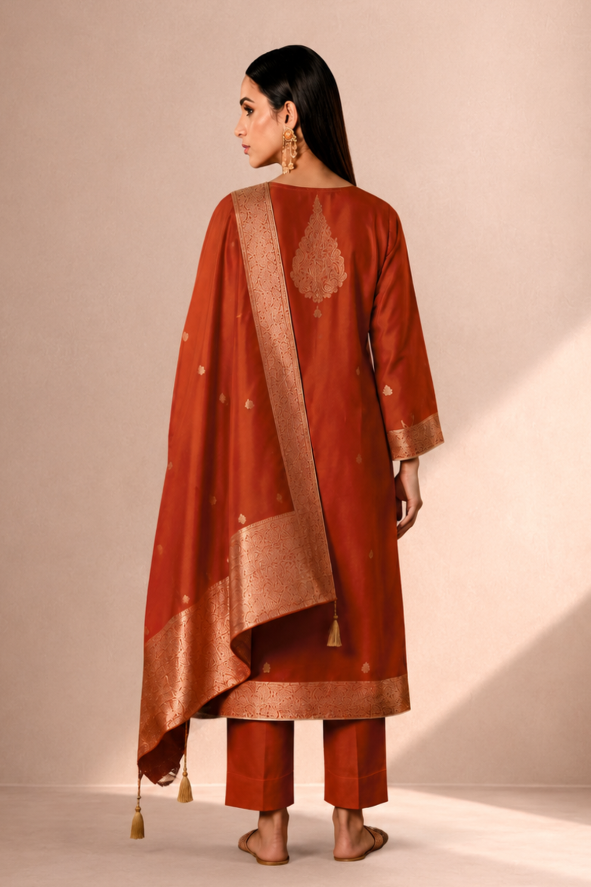 Rust Orange Viscose Silk Jacquard Suit Set With Hand Work