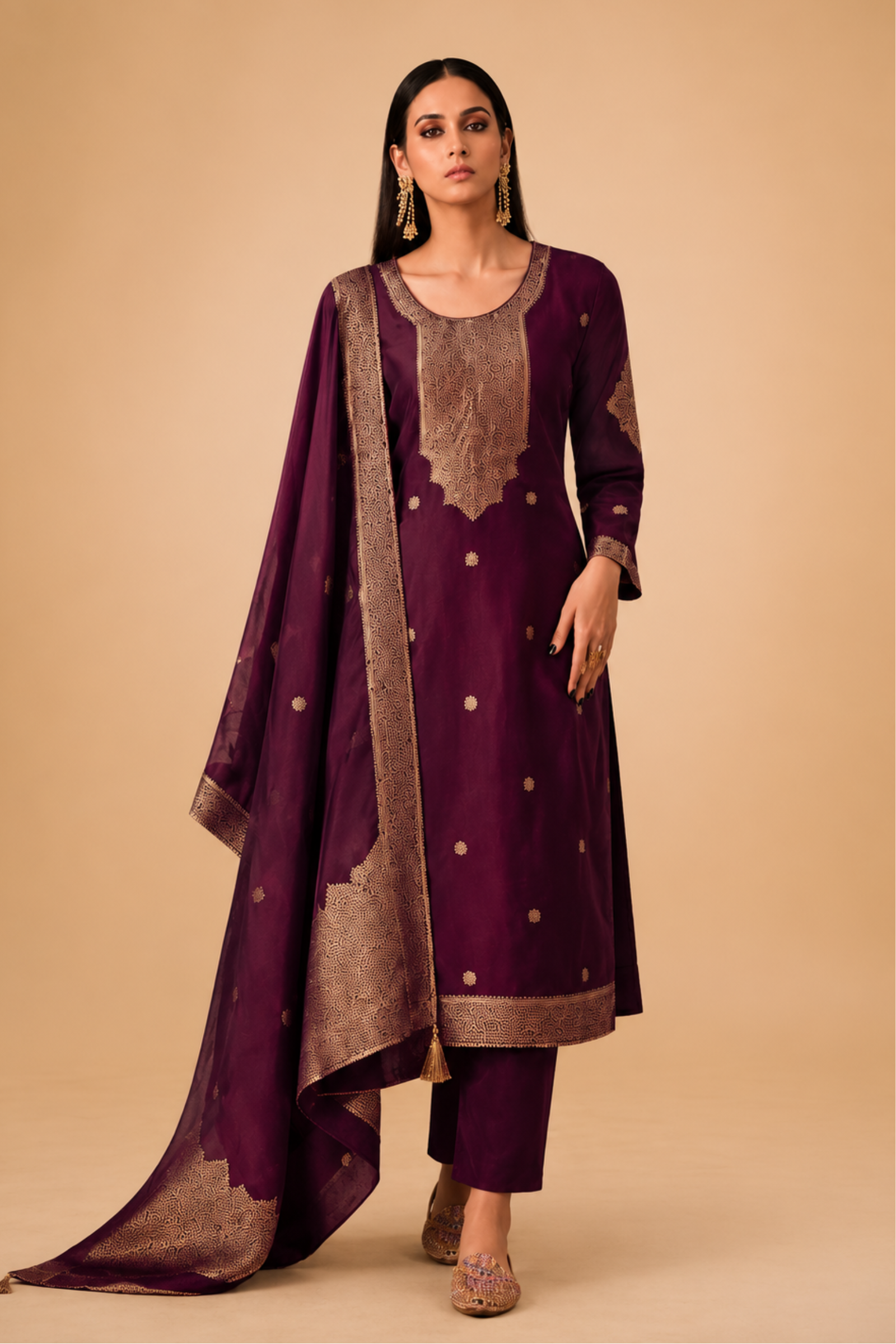 Wine Purple Premium Viscose Woven Silk Jacquard Suit Set with Hand Work Design