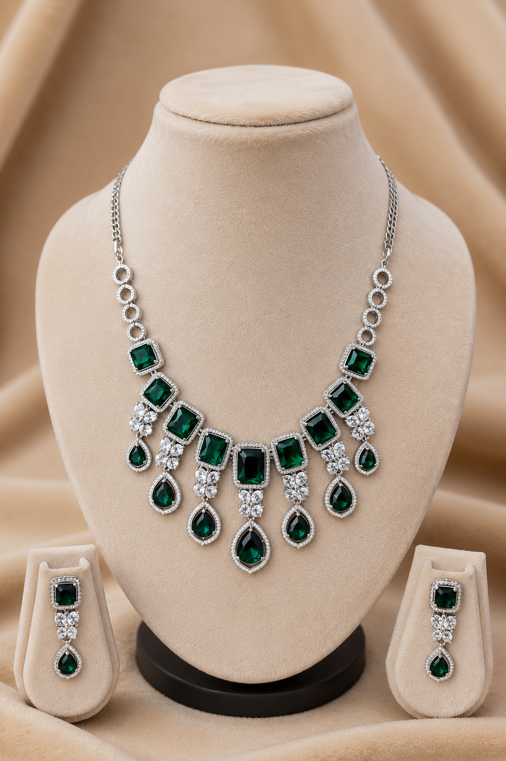 Emerald Stone Choker Necklace Set with Crystal Drop Detailing