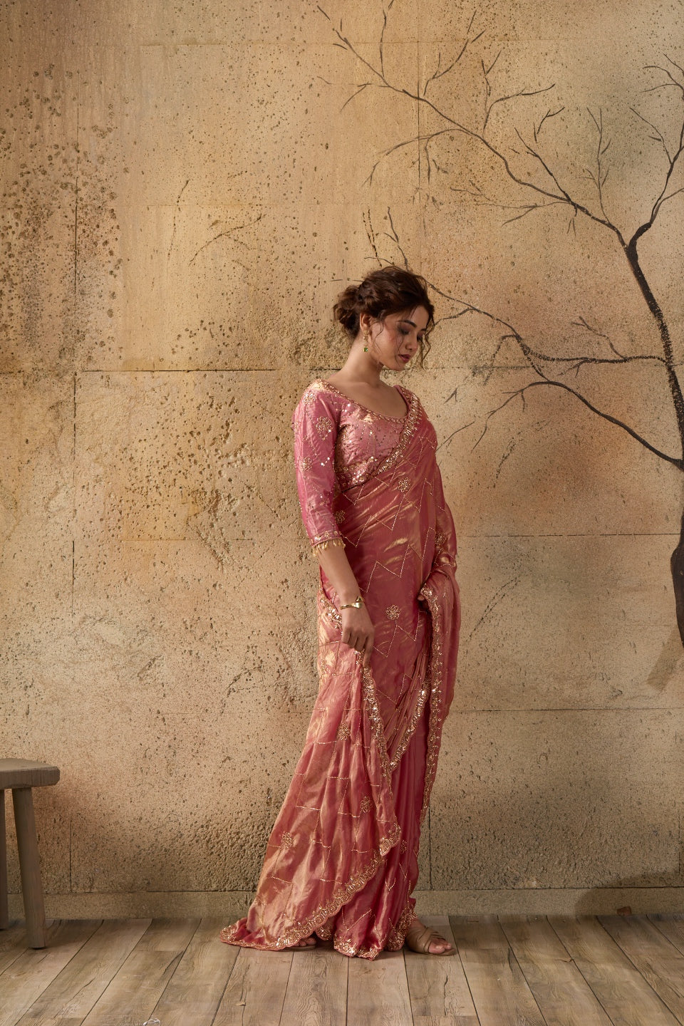 Rose Pink Organza Saree with Hand Embroidery with Stitched Blouse