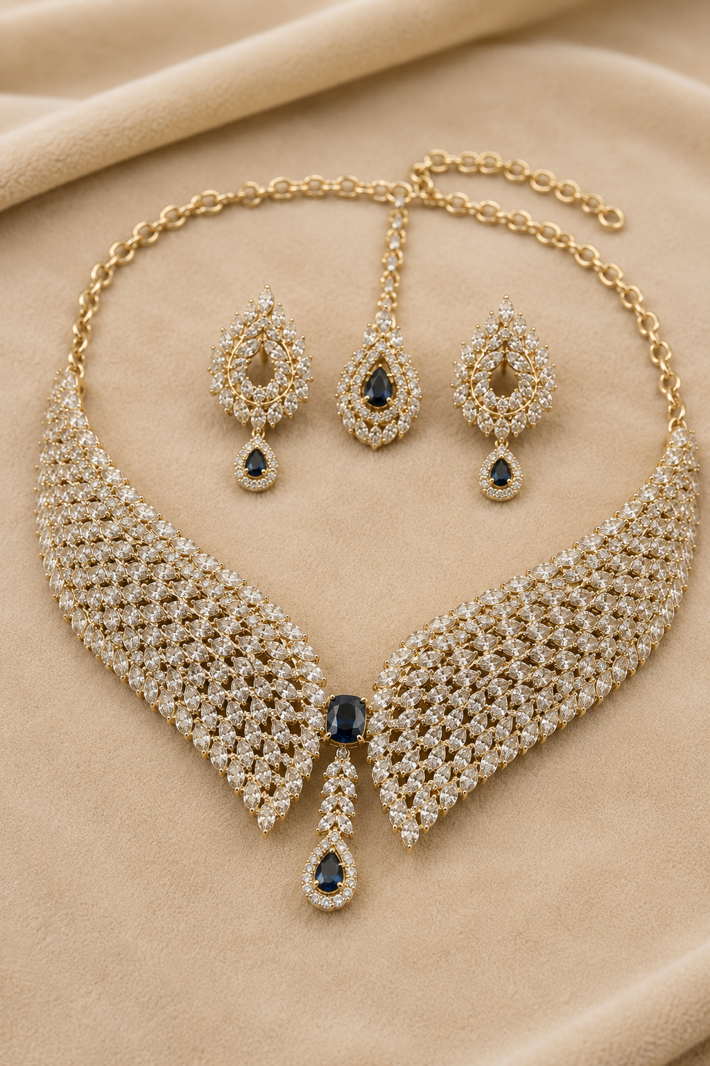 Gold Curved Diamond Collar Necklace with Midnight Blue Center Stone & Matching Stud Earrings