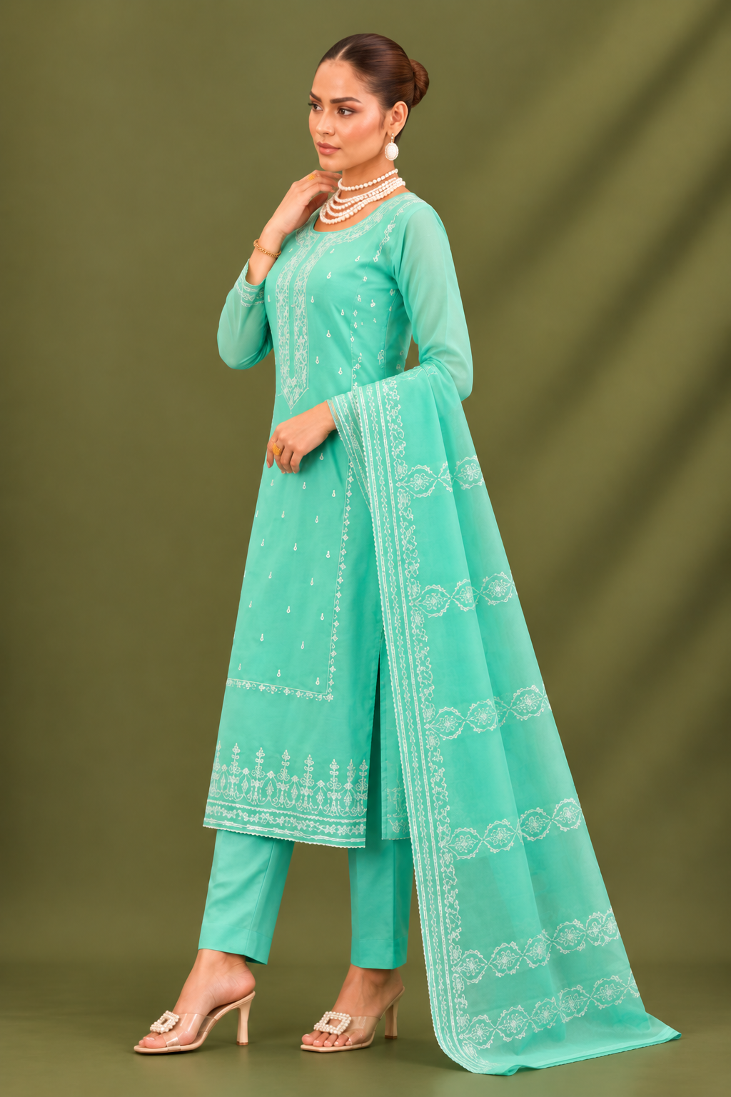 Mint Green Mal Cotton Suit Set With Laser Cut Work