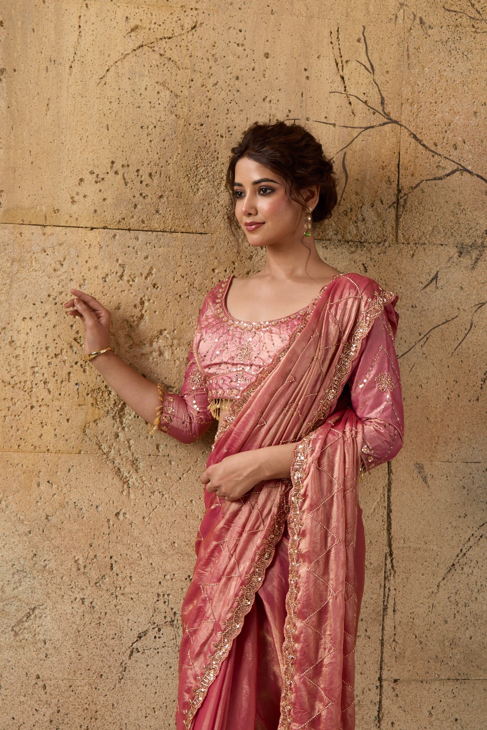 Rose Pink Organza Saree with Hand Embroidery with Stitched Blouse