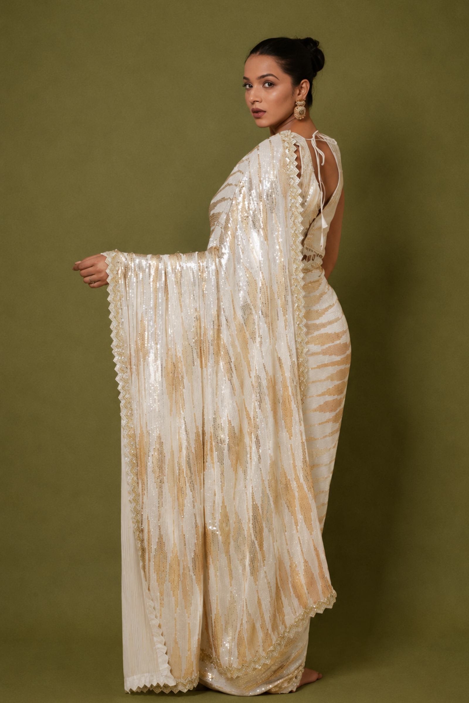 White & Champagne Gold Striped Sequin Embroidery Saree With Ready To Wear Blouse