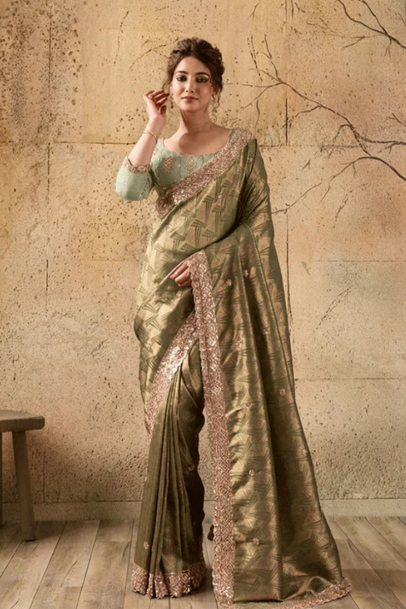 Mehandi Green Organza Silk Saree with Zari Hand Embroidery with Stitched Blouse