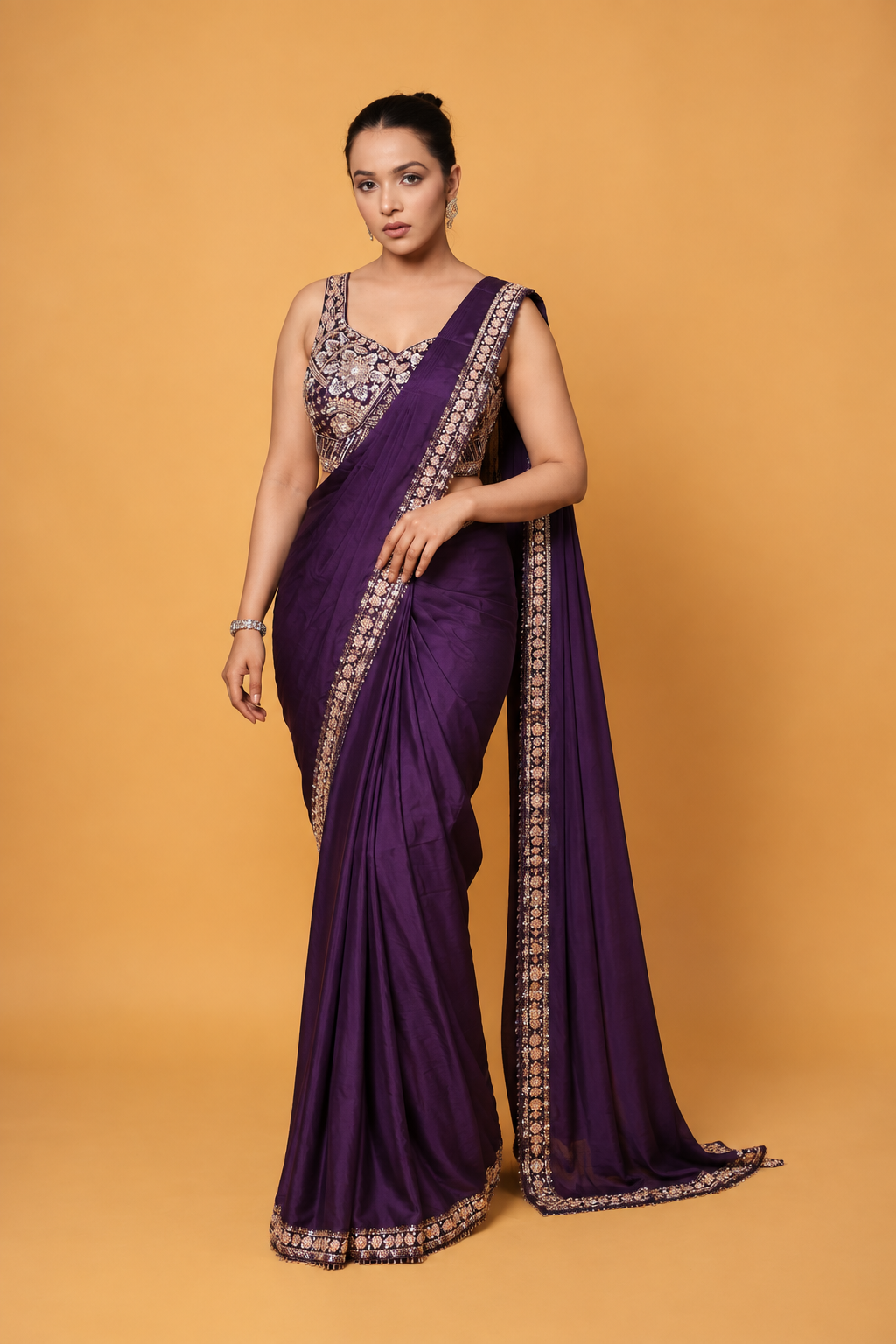 Dark Purple Lycra Pre-Draped Saree with Embroidered Border