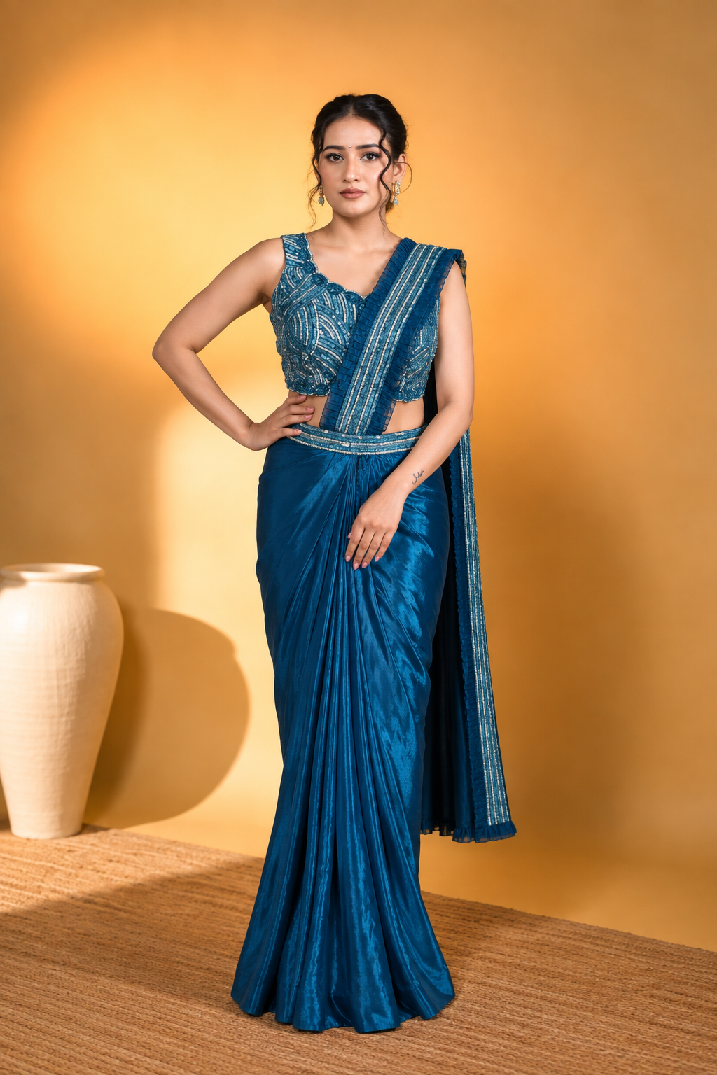 Teal Blue Satin Silk Pre-Draped Saree with Embroidered Work