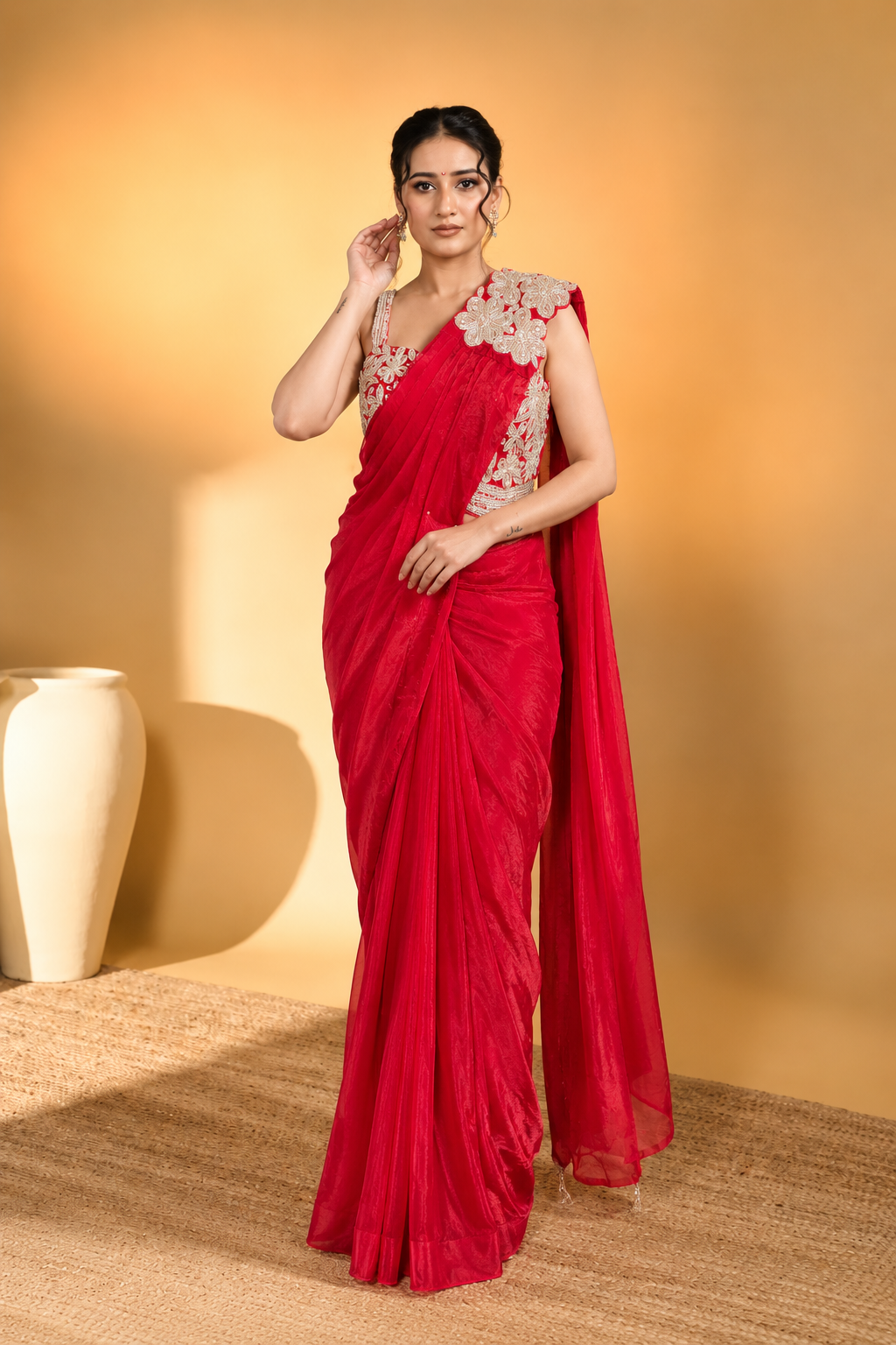Red Lycra Pre-Draped Saree with Floral Embroidery