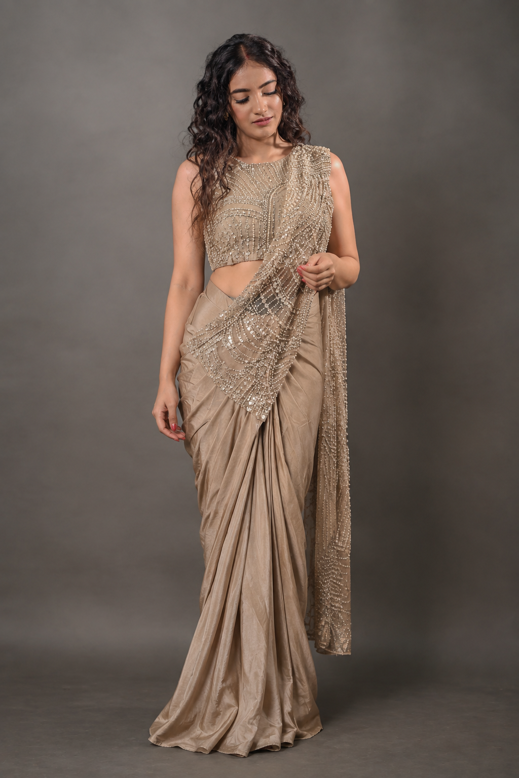 Champagne Beige Lycra Pre-Draped Saree with Pearl