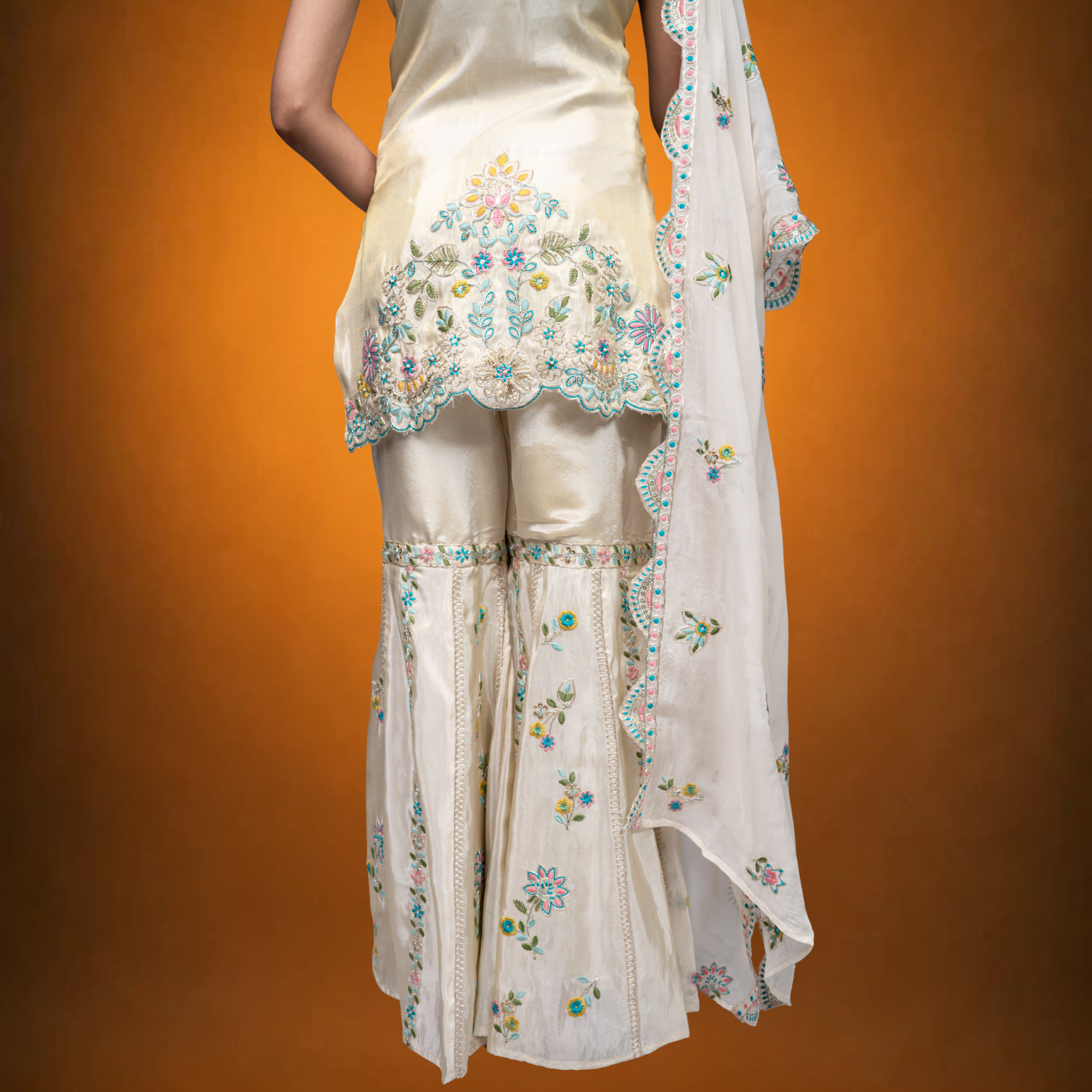 Ivory Cream White Crepe Garara Set with Pearl Embroidery