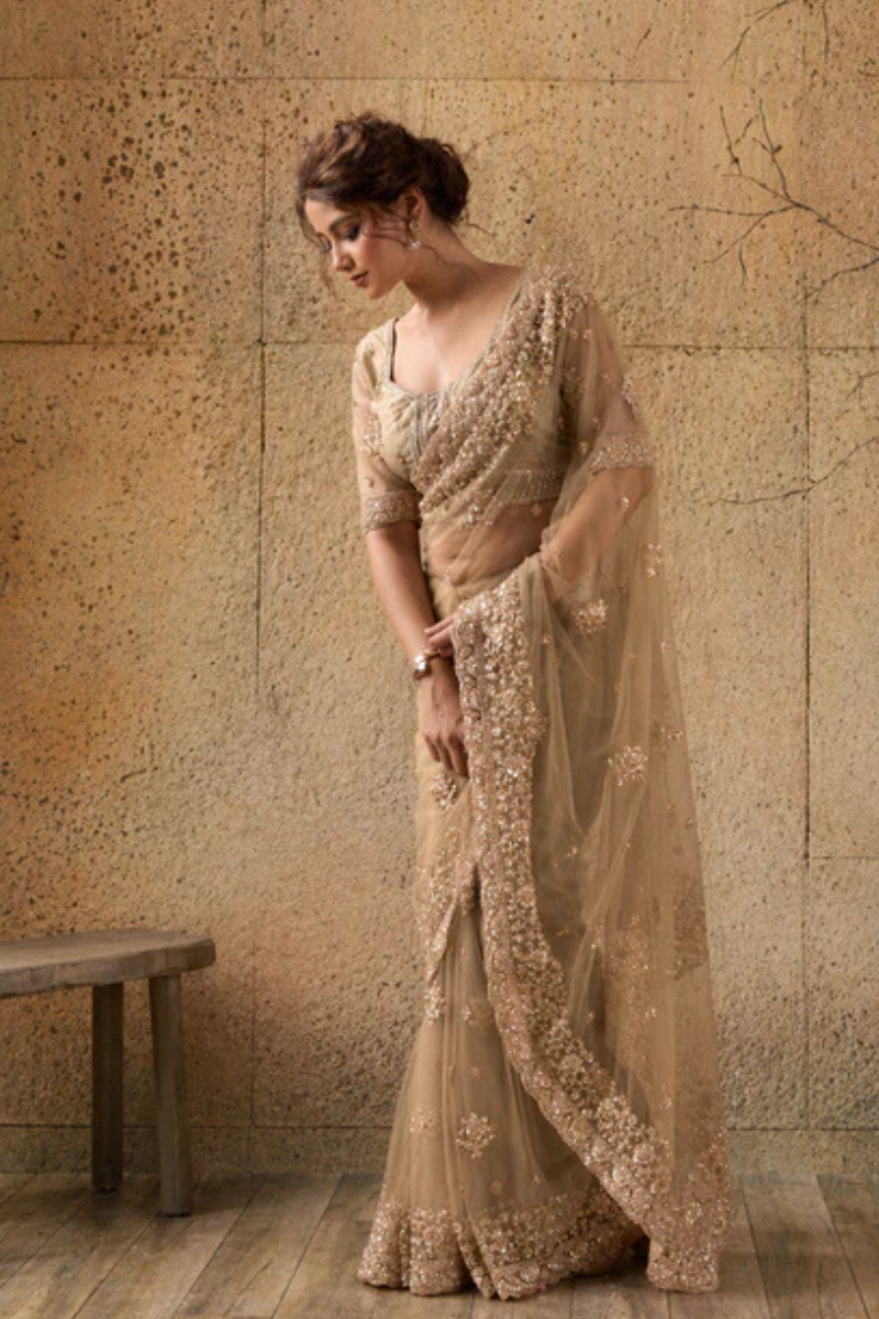 Dark Golden Net Saree with Hand Embroidery with Stitched Blouse