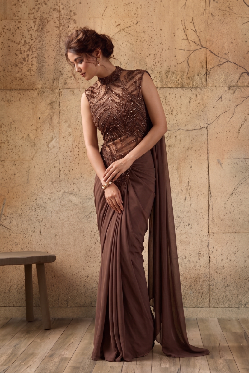 Coffee Brown Lycra Pre-Draped Saree with Sequin and Embroidered Ready to Wear Blouse