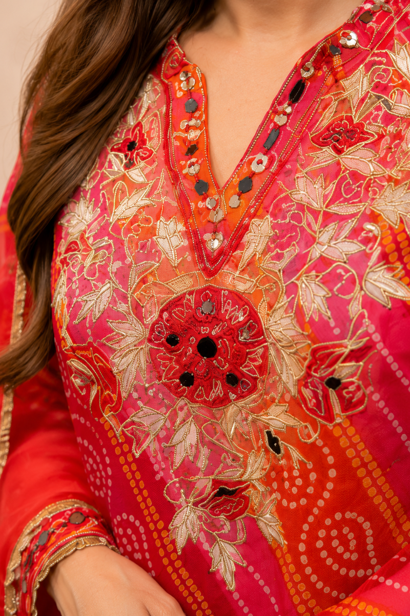 Red Georgette Printed Suit Set with Floral Embroidered Work