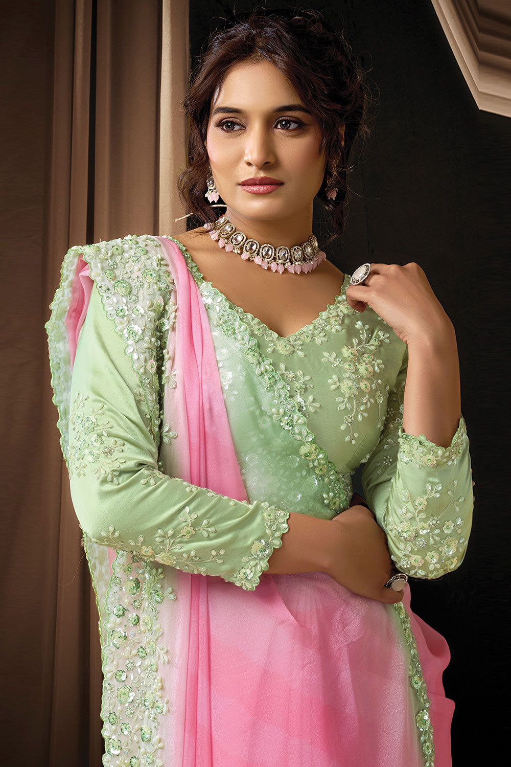 Blush Pink Georgette Saree with Mint Green Embroidered Border