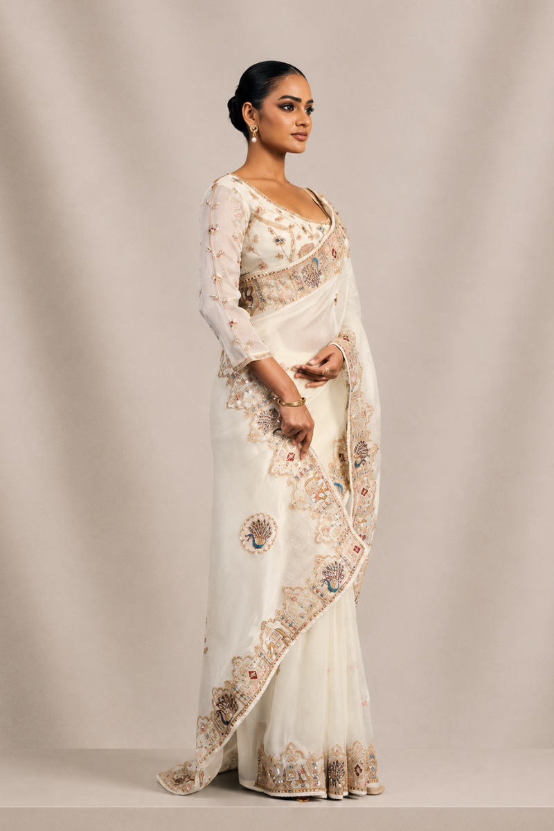 Ivory White Organza Saree with Peacock Hand Embroidery with Stitched Blouse