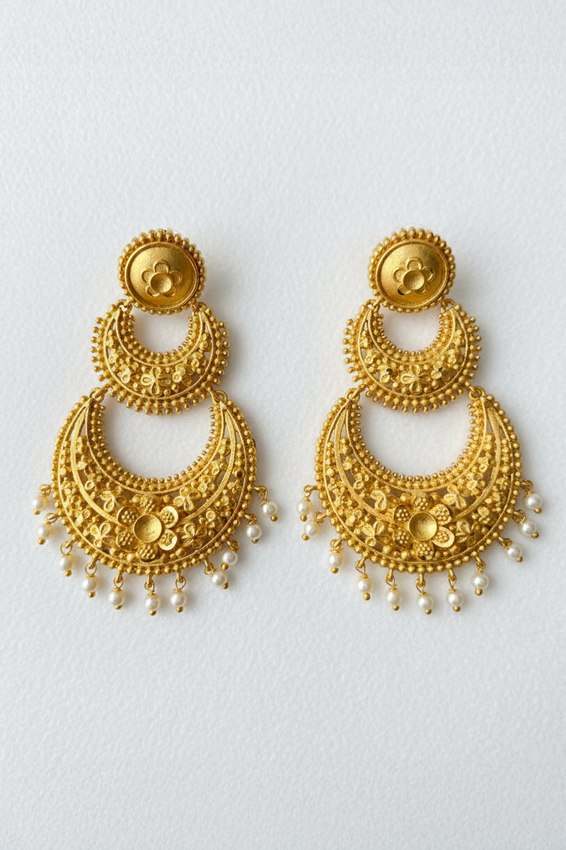 Gold Plated Chandbali Stud Earrings with Floral Design