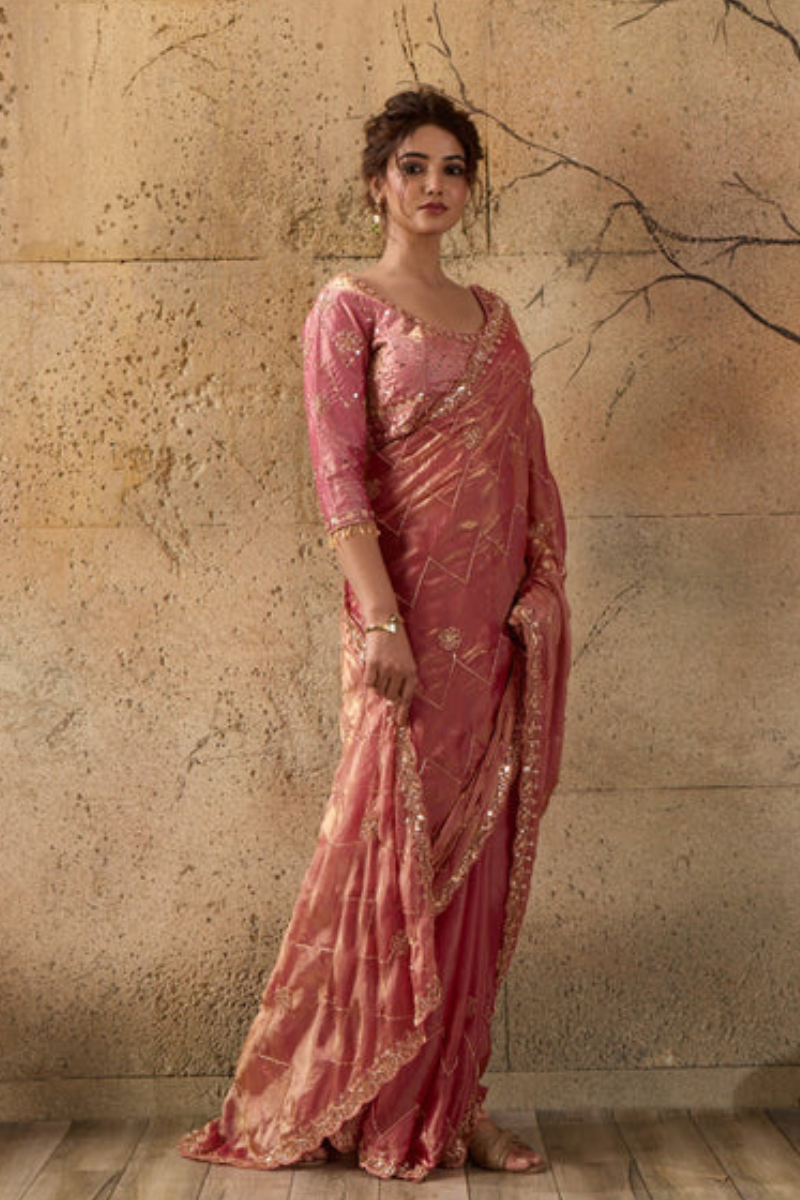 Rose Pink Organza Saree with Hand Embroidery with Stitched Blouse
