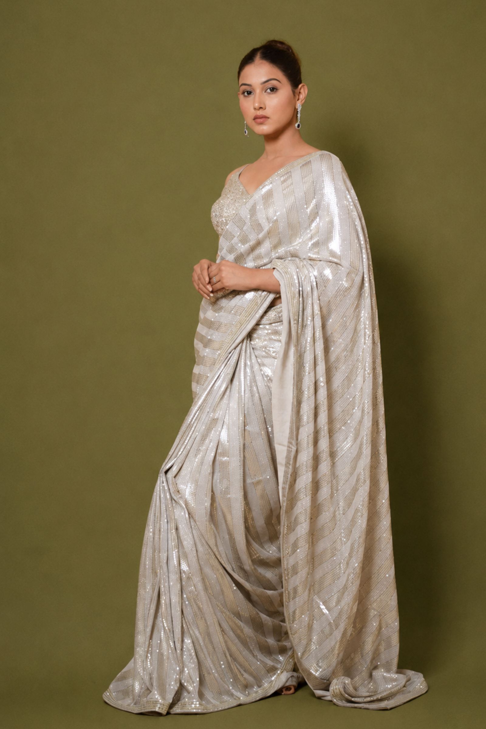 Off-White With Silver Diagonal Striped Sequin Embroidery Saree With Ready To Wear Blouse