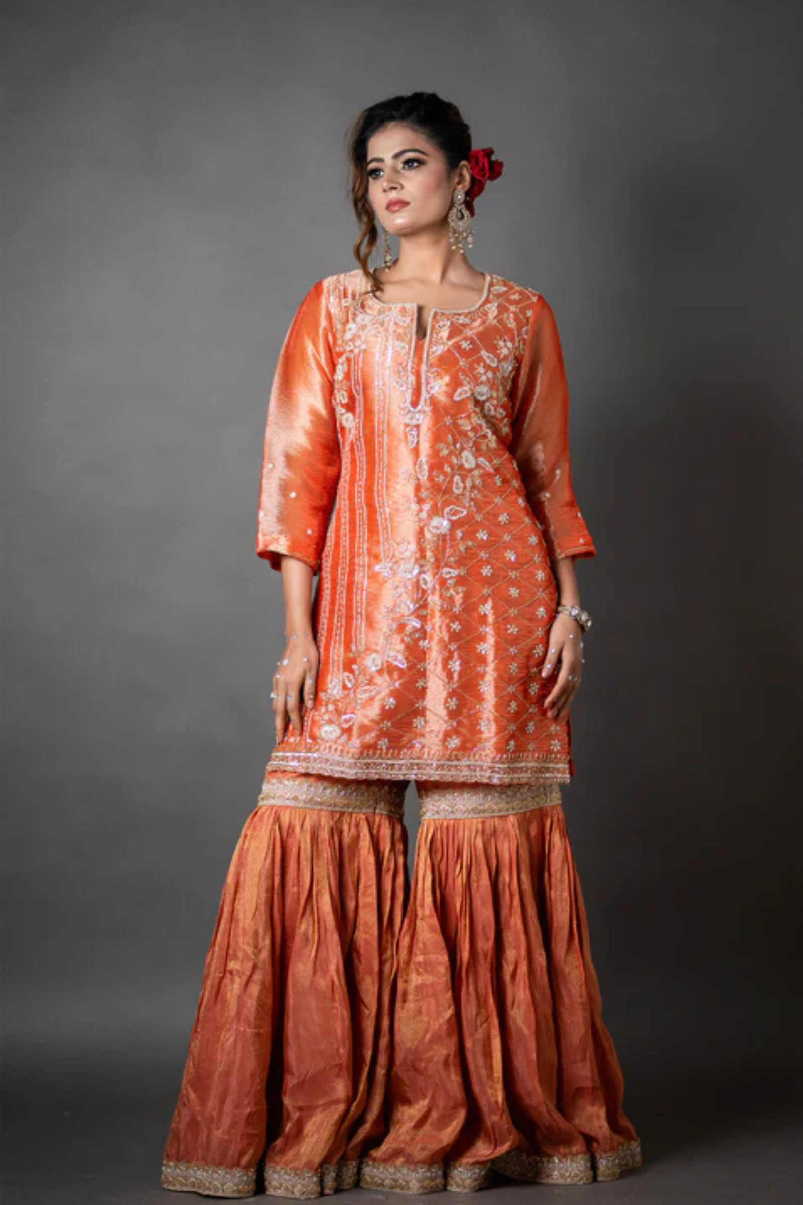 Orange Organza Kurta Gharara Set with Zari, Sequin & Pearl Hand Embroidery Work