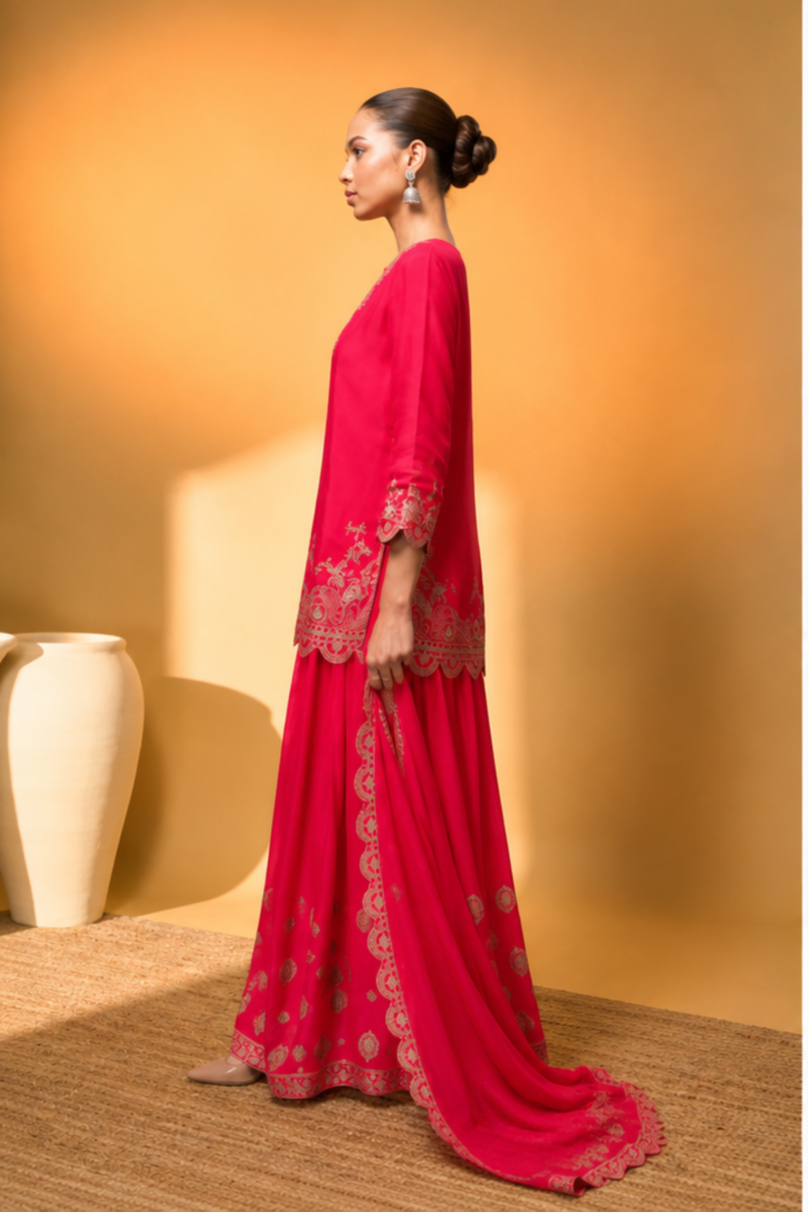 Rani Pink Crepe Kurta Sharara Set with Golden Zari Embroidery