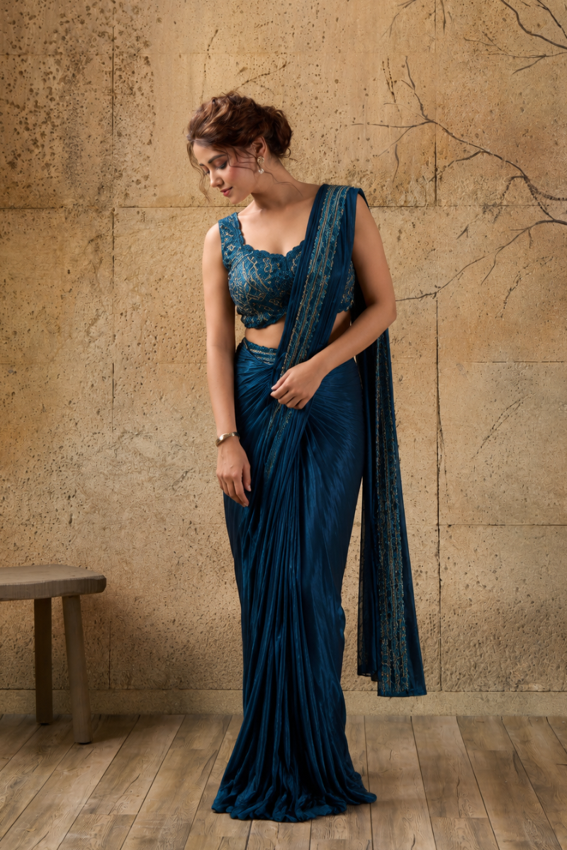 Teal Blue Georgette Pre-Draped Saree with Heavy Sequin Embroidered Ready to Wear Blouse