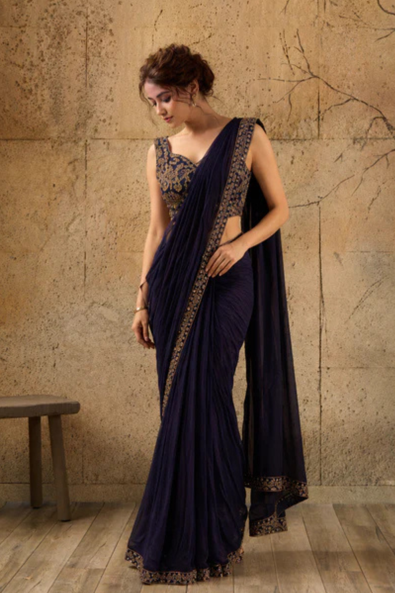 Navy Blue Georgette Pre-Draped Saree with Embroidered Border With Ready To Wear Blouse