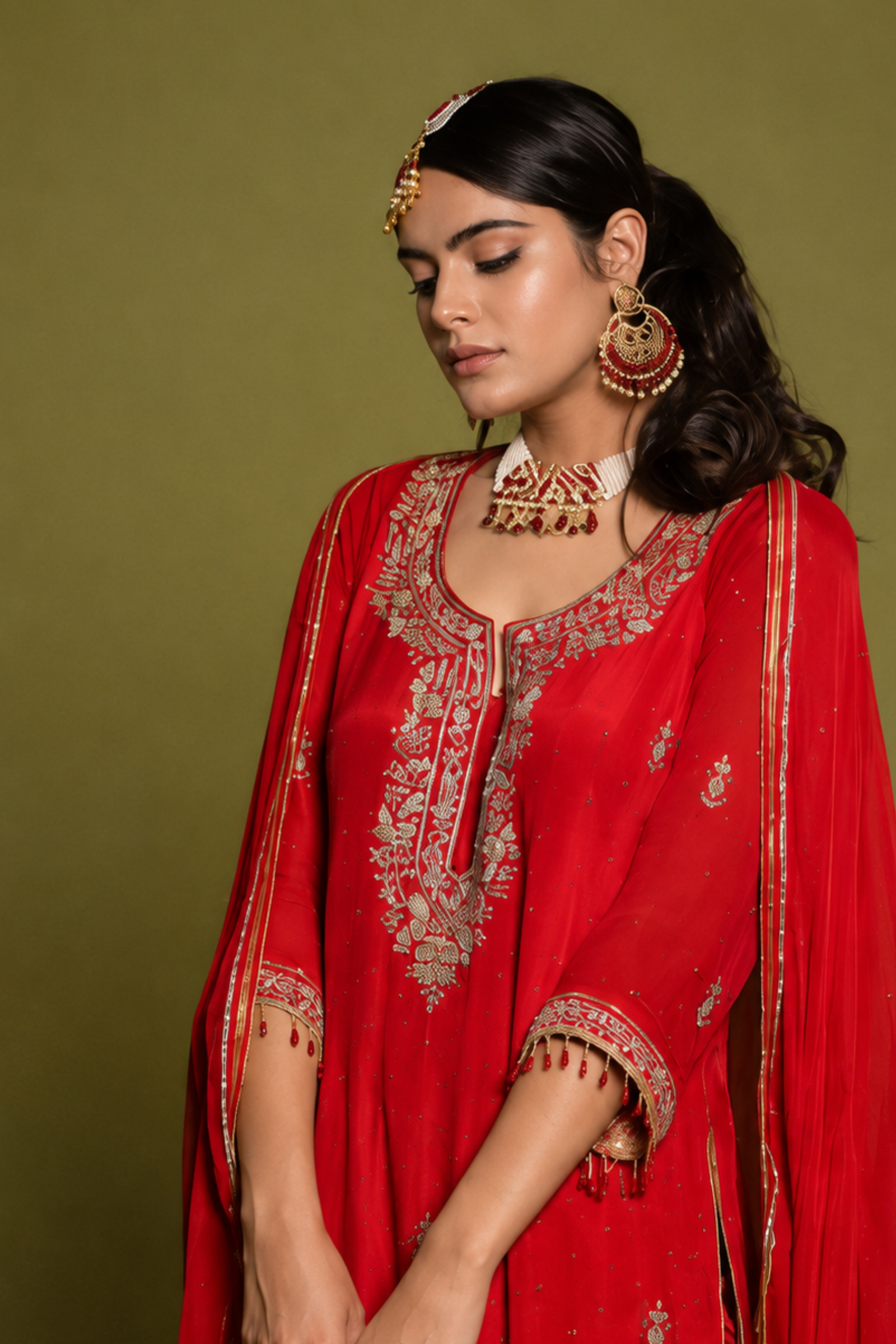 Red Heavy Zardosi Pearl Hand-Embriodered Suit