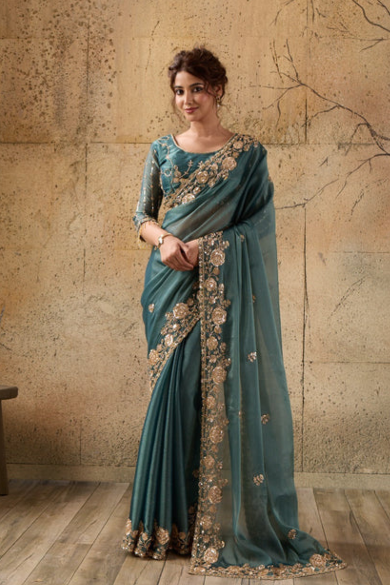 Bottle Green Organza Saree with Floral Hand Embroidery with Stitched Blouse