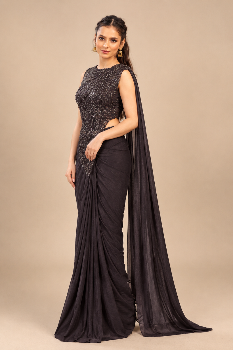 Brown Lycra Pre-Draped Saree with Sequin Embroidered Blouse