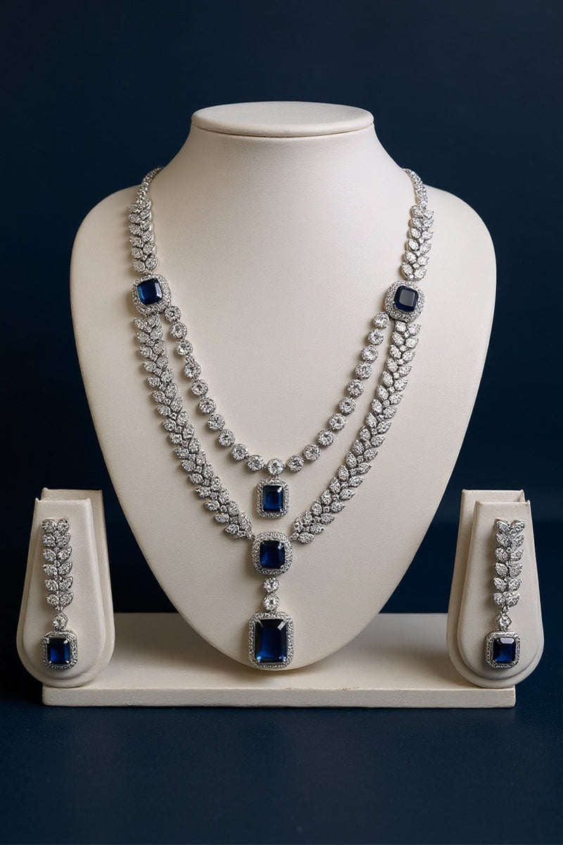 Royal Dark Blue American Diamond Double-Layer Leaf Necklace