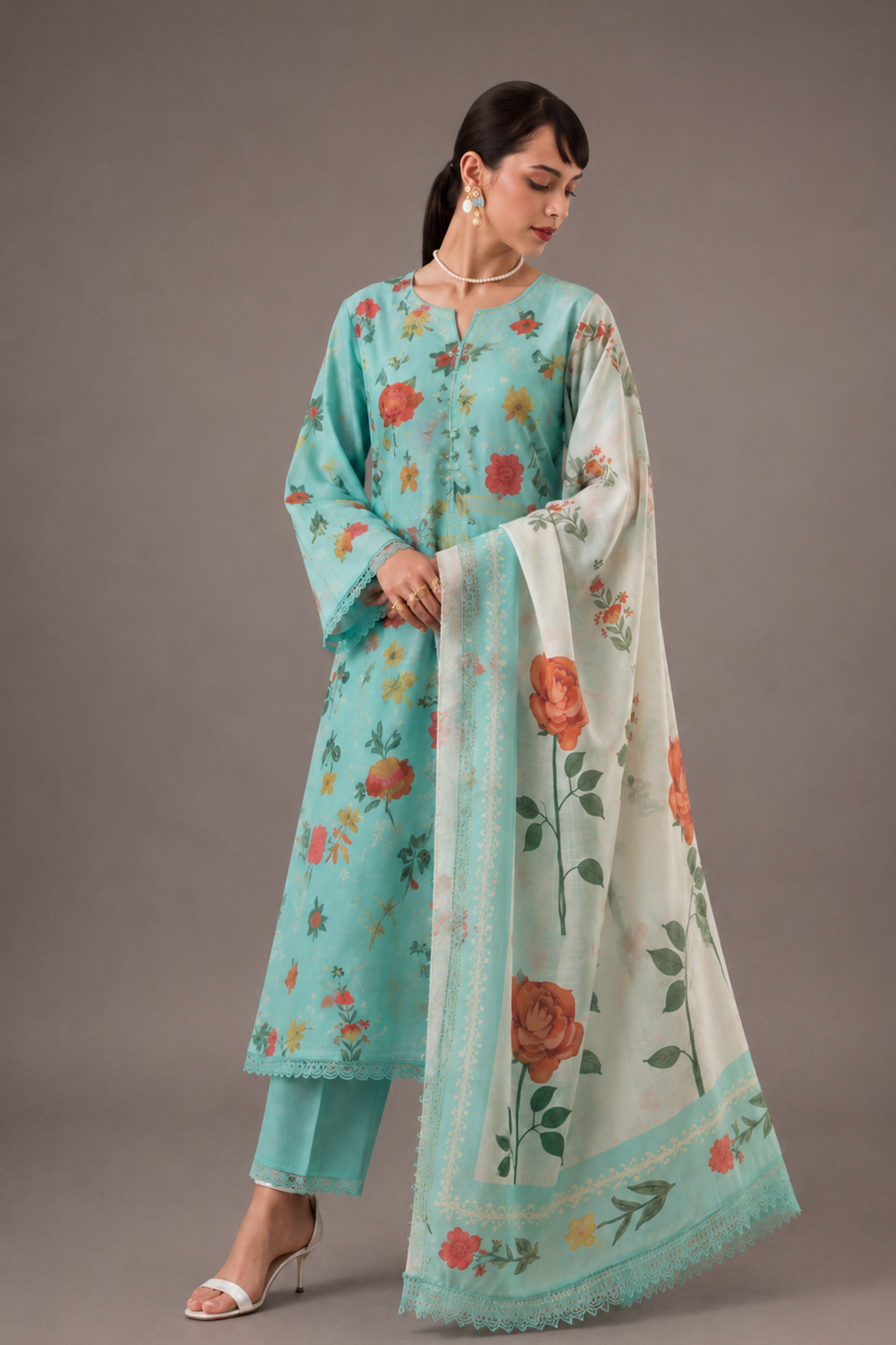 Green Pure Cotton Lawn Suit Set With Resham Embroidery, Digital Print & Scalloped Crochet Design