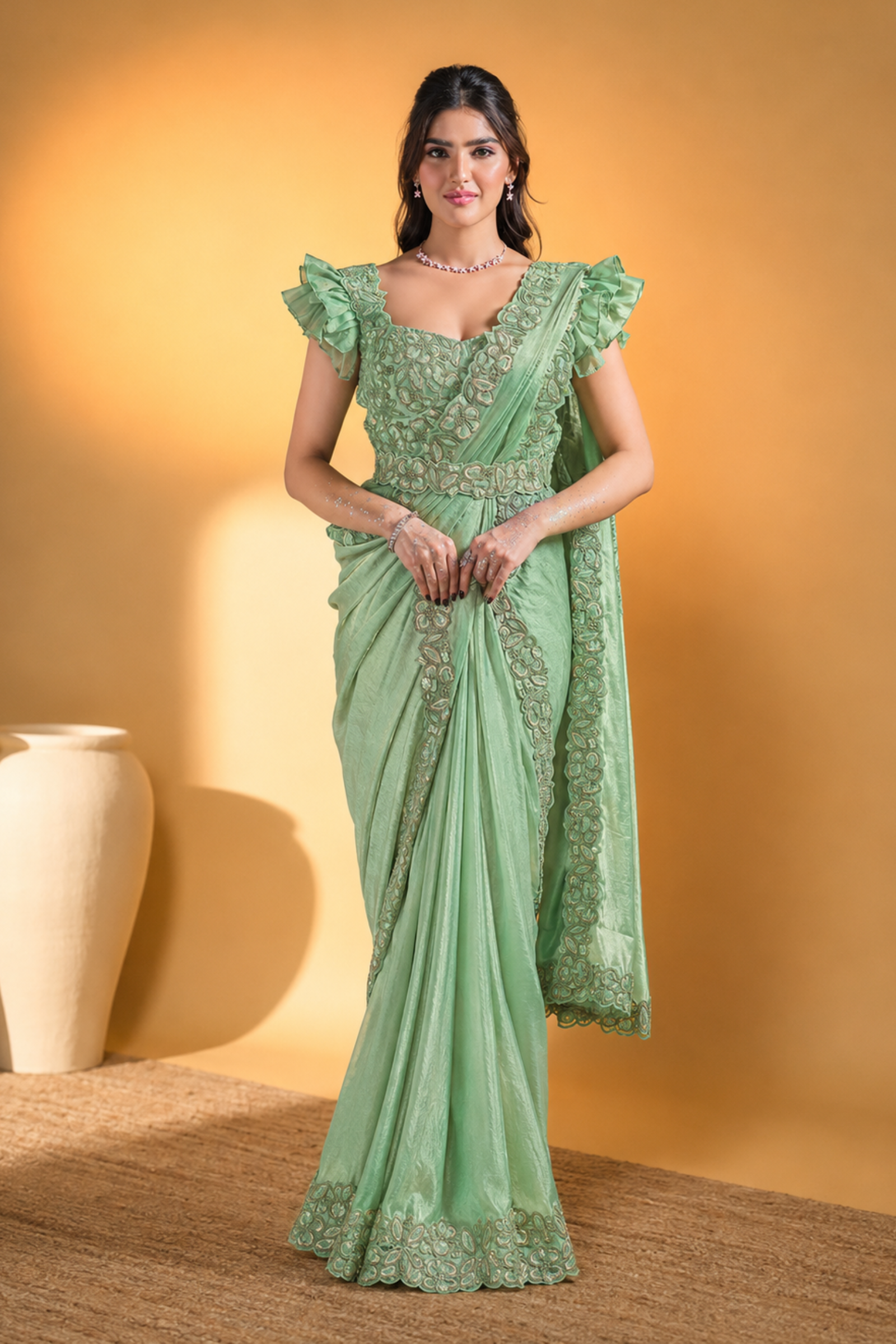 MAYRAKE Green Ready-to-Wear Organza Silk Saree with Sequins & Moti Work