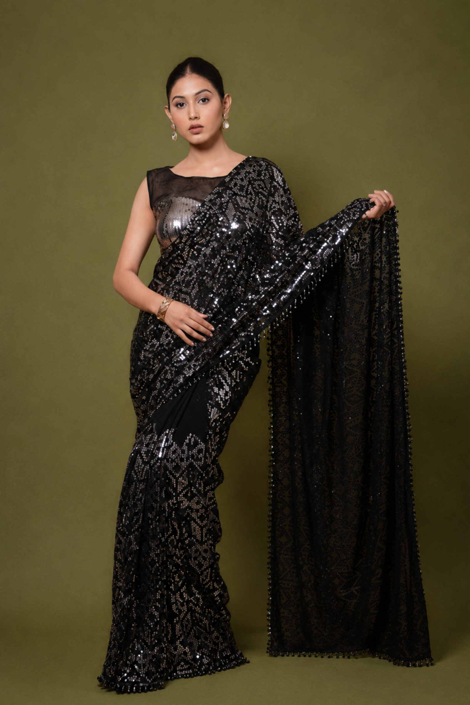 Black Georgette Saree with All-Over Sequin Embroidery With Ready To Wear Blouse