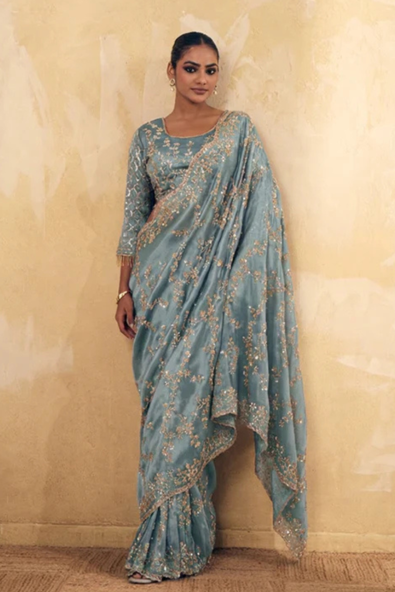 Aqua Blue Organza Silk Saree with Hand Embriodery with Stitched Blouse