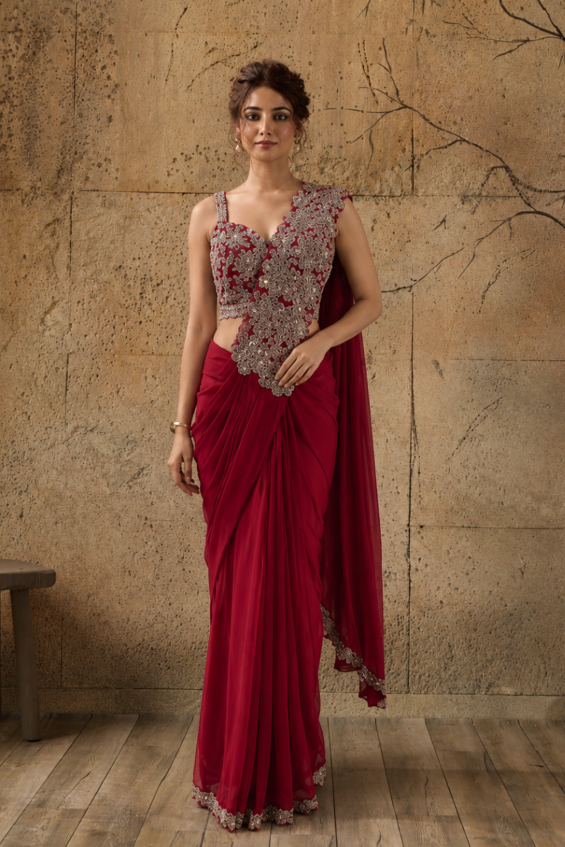 Wine Red Lycra Pre-Draped Saree with Floral Embroidered Ready To Wear Blouse