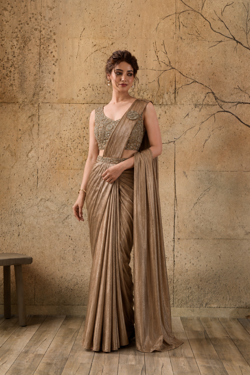 Mocha Brown Lycra Pre-Draped Saree with Ready to Wear Blouse