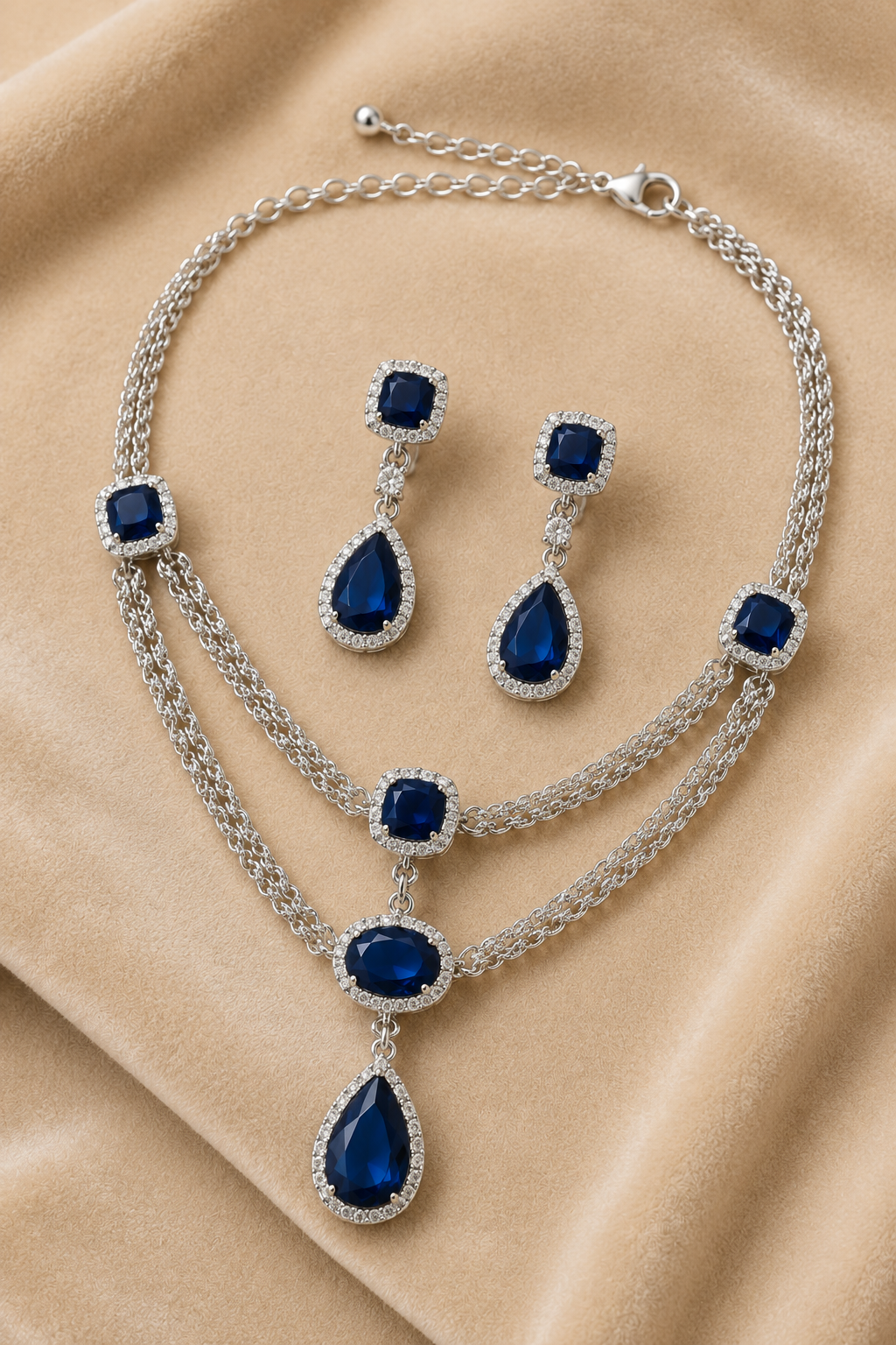 Sapphire Oval-Cut Necklace Set with American Diamond Detailing
