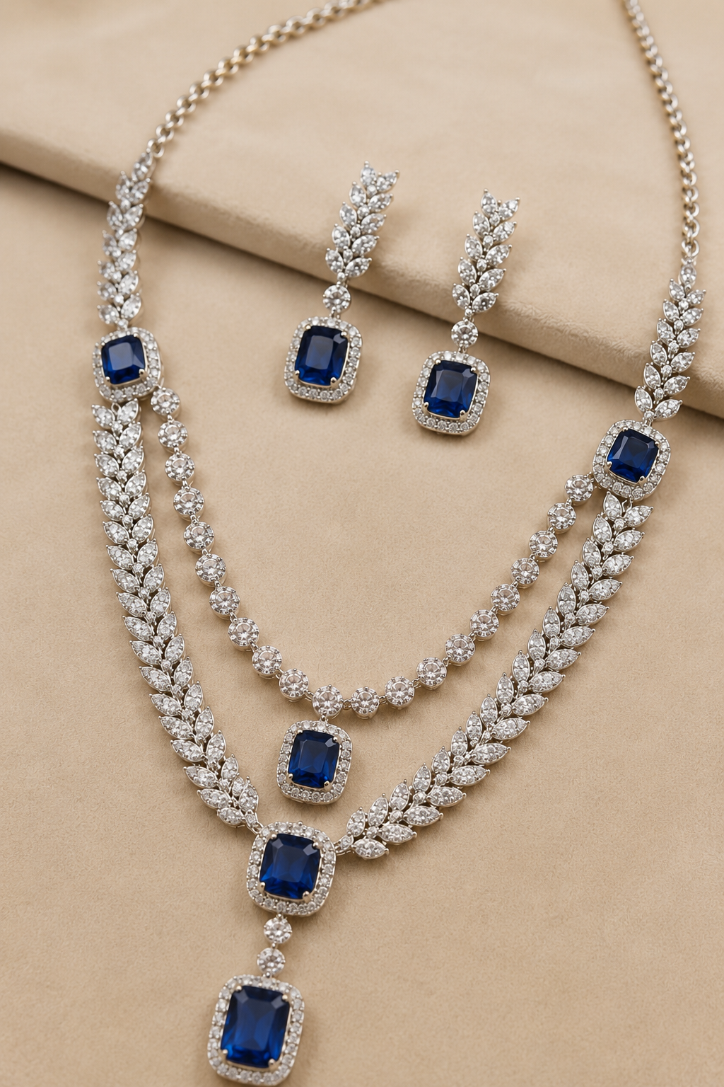 Royal Dark Blue American Diamond Double-Layer Leaf Necklace