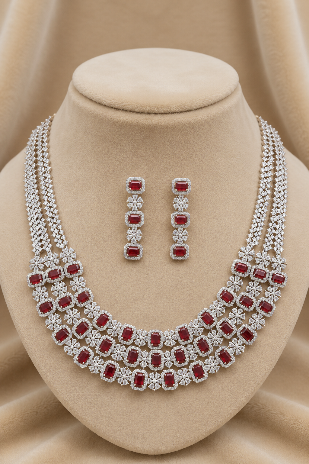Ruby American Diamond 3-Layer Grand Necklace with Earrings Jewellery Set