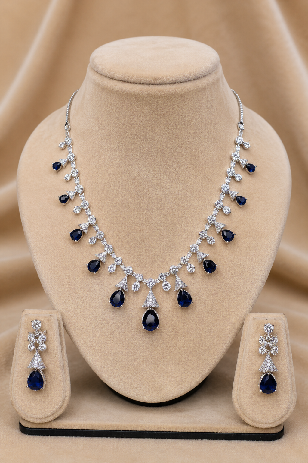 Midnight Blue Teardrop Stone Necklace Set with Floral Diamond-Studded Detailing