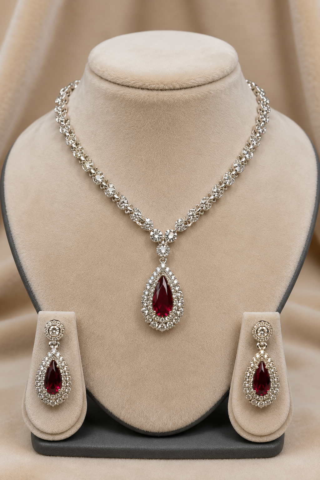 Purple Garnet American Diamond Tear Drop Earrings & Necklace Jewellery Set