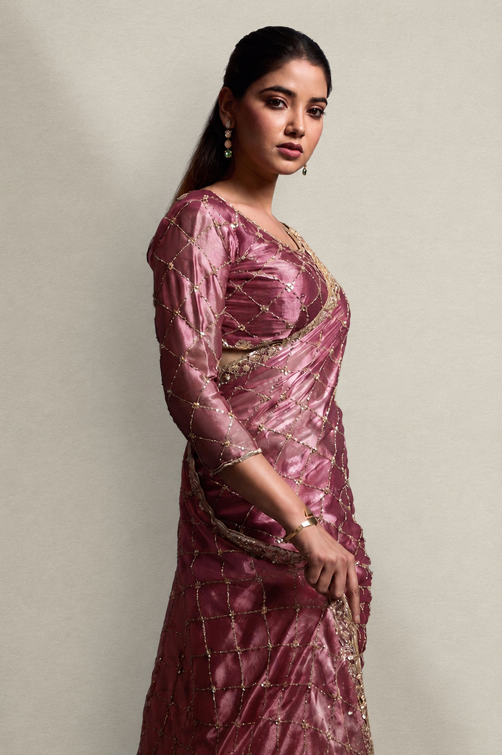 Rose Pink Organza Silk Saree with Hand Embroidery with Stitched Blouse